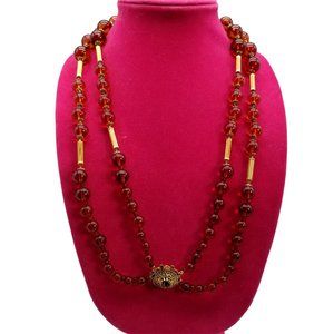 Vintage Brown Glass Beaded Necklace Double Strand 26" Gold Plate Pendant Fancy